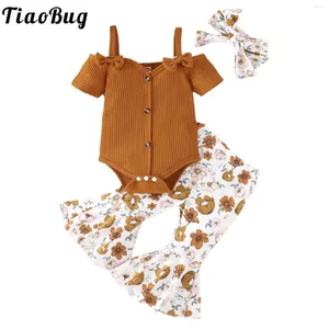 Одежда для маленьких девочек детские девочки летняя одежда набора с коротким рукавом вязаный вязаный комбинезон с цветочными брюками с цветочными брюками.