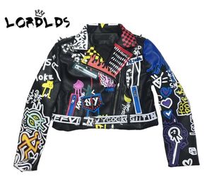 LORDLDS 2019 Leather Jacket Women Graffiti Colorful Print Biker Jackets and Coats PUNK Streetwear Ladies clothes7254347