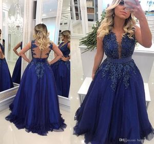 Sexy Navy Blue Evening Dresses Sheer Deep V Neck Lace Appliqued Beaded Pearls Tulle Prom Dress Illusion Back Formal Gowns9275161