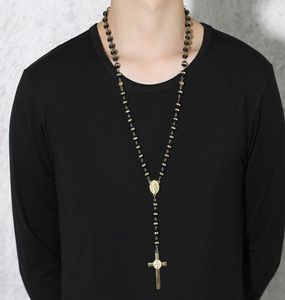 Kedjor 30quot 8mm rostfritt stål radbandpärlor halsband svart och guldfärg med heliga Jesus Kristus korsfix korshänge hiph5316424