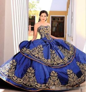 Royal Blue Gold Lace Quinceanera Dresses Ball Gown Sweetheart Embroidery Appliques Beaded Sweet 16 Masquerade Dresses Lace Up9431483
