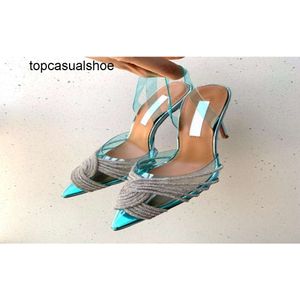 Aquazzura Aura Sandals Women Toe Shoes Poinded Women Pearlチェーンハイヒールスリッパ最高品質のカジュアルシューズウェディングシューズS9517235