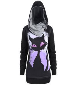 Moletom mole moletom moletons com gola alta do halloween touca de bruxa gato 3d estampa de pullovers conversíveis com capuz tops casuais tamanho mais27425280054