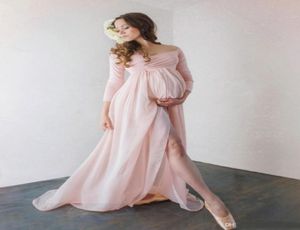 Attractive Chiffon Maternity Dresses For Po Shoot With Long Sleeves Split Front Pregnant Gown Off The Shoulder Custom Made Maxi8490933