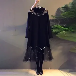 Casual Dresses Autumn Winter Fashion Midi Dress Solid Color Lace PatchworkCommute Straight Korean Embroidered O-Neck