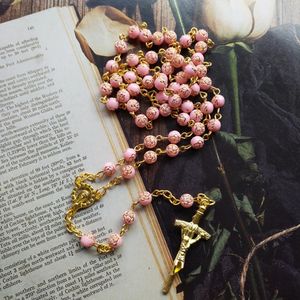 Cottvott Gold Color Virgin Mary Medal Crucifix Cross Rosary Necklace Pink Rose Prayer Beads Chain Chaplet Church Baptism Smycken 240518