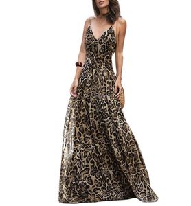 Women Leopard Print Long Dress V Neck Spaghetti Shoulder Straps Summer Beach Dresses 2019 ärmlös Casual Maxi Dress Vestidos J12210877