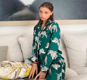 Hiloc djurtryck pyjama feminino sommar nattkläder byxor kostymer satin set kvinna 2 stycken långärmad sömn toppar kväll pyjama 27937040