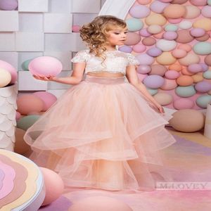 2022 Pink Two Pieces Lace Ball Gown Flower Girl Dresses 3 4 Long Sleeve Vintage Child Pageant Dresses Beautiful 2324