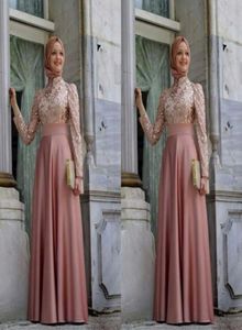 Soiree hijab Dresses High Neck Long Sleeve Vestidos 2016 A Line Robe De Soiree Gold Applique Satin Elegant Aso Ebi Long Evening Dr1848328