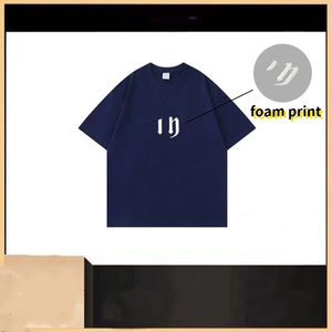Mäns trendiga lösa vintage tvättade kortärmad t-shirt med lyxiga designbokstäver skumlättnadstryck, tryckt botten halvärmad toppskjortor för mörkblå