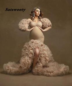 ロングシャンパンイブニングドレス2021マーメイド半袖フリルチュールアフリカの妊婦ケープマタニティフォーマルプロムガウン8077962