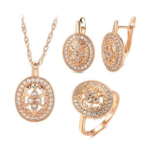Kinel Fashion 585 Rose Gold Necklace Earring Ring Set Womens Natural Zircon Ethnic Flower Bridal Wedding SMEEXKE SET 240515
