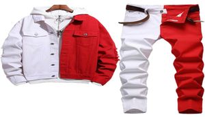 ファッションの新しいトラックスーツステッチトワックスーツデザインメン039Sセット赤と白の秋のデニムジャケットと一致するスリムストレッチジーンズTW9538118
