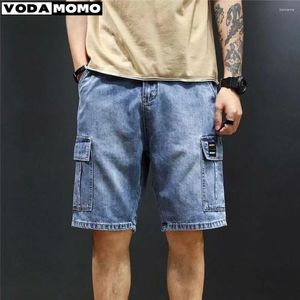Mäns jeans mode casual retro blå last port stil lös stor ficka denim shorts män sommar tunn tvättade fem poäng byxor