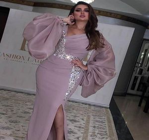 2020 NYA SIDA SPLITA SAUDI ARABIA Långa ärmar V Neckless Evening Dress Kaftan Dubai Pärled Split Prom Formal Party Dresses Custom 2805734
