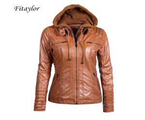 Fitaylor New Women Herbst Winter Winter Kapuze -Faux -Jacke Slim Motorradhut abnehmbarer Plus -Größe 5XL PU Ledermantel Y2010128179819