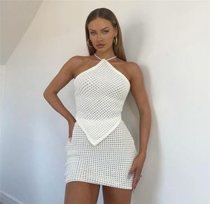 Bodycon Dress Nibber Sexig Knit Two Piece Set Women Crop Top Mini kjoldräkt Kvinnliga klubbdräkter Casual Dresses STEVELESS Halter 8594490