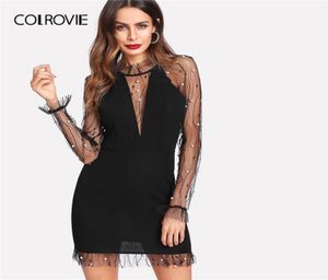 Colrovie Black Pearl Beading Vine Mesh Panel Dress Women Ruffle Rund Neck Lång ärm Sexig klänning Party Bodycon Dress Q1904234580231