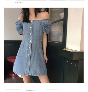 Qnpqyx ny smal elegant sommarklänning vintage fyrkant av axel denim enkelbröstade miniklänningar för kvinnor jeans casual robe fe8303917