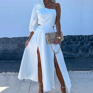 Basic Casual Dresses SprSexy Skew Collar Flower Hollow Party Dress Women Elegant One Shoulder A-Line Long Dress Summer Backless Zipper Maxi Dress J240516