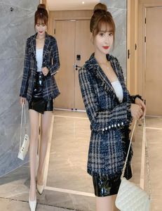 2020 Korean Fashion Women039s Slå ner krage långärmad blå rutig mönster medium lång smal midja tweed ullrock smlxl8322273