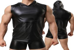 Men039S tank tops män sexig fetisch faux läder huva väst och boxare manlig svart underkläder erotiska underskjortor underkläder klubbkläder5979067