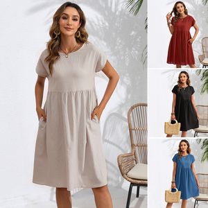 Summer classic retro style OL temperament cotton and linen round neck A-line dress with patchwork design fashionable and versatile dress