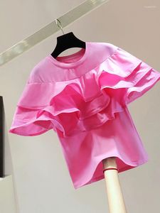 Kadın Tişörtleri Moda Katmanlı fırfır kenarı patchwork yuvarlak boyun kısa kollu tişört 2024 yaz düz renkli üst