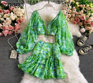 Ezgaga Two Piece Set Women Deep VNeck Lantern Sleeve Crop Tops Lace Up Blouse High Waist Skirts Floral Printed Holiday Fashion 215723599