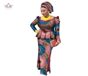 Africa Style Bazin Riche Dresses for Women Two Pieces Set Women Long Sleeve Tops and Long African Print Skirt Plus Size WY24388121140