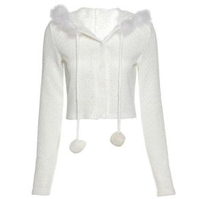 Kobiety jesienne długie rękawowe bluza z kapturem puszysty pluszowy patchwork pompom do sznurka SWEATER SWETER SIDY Kolor Slim White Crop Q1fa WO3294434