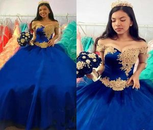 Royal Blue With Gold Lace Prom Pageant Dresses Ball Gown For Sweet 16 Girls Off Shoulder Organza Laceup Quinceanera Dress Vestido9380378