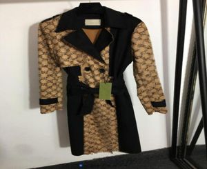허리를 가진 인쇄 된 컬러 블로킹 코트 허리 더블 브레스트 라펠 긴 윈드 브레이커 재킷 9078188892
