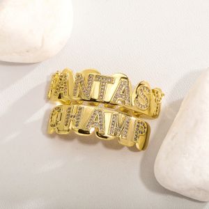 Fantasy Champ Gold Plated Iced Out CZ Mouth Teeth Grillz Caps Top Bottom Grill Set Men Women Vampire Grills Rock Punk Rapper Accessories for Men Hiphop jewelry