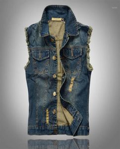 Men039s Vests Whole 2021 Fashion Mens Denim Vest Vintage Sleeveless Washed Jeans Waistcoat Man Cowboy Ripped Jacket Plus S1127682
