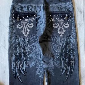 Aesthetic Fashion Casual Versatile Straight y2k Pants Hip-hop Gothic Punk Wings Graphic Embroidered High Waist baggy Jeans Women 240508
