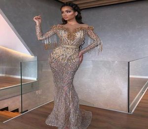 Mermaid Evening Dresses Sheer Jewel Neck Beaded Sequins Tassel Prom Dress Long Sleeves Illusion Sweep Train Formal Party Gown5799629