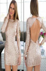 Rose Gold Long Sleeve Open Back paljett Homecoming Dresses Knee Length Fashion Prom Party Gowns Vestido de Fiesta Custom Made 3359977