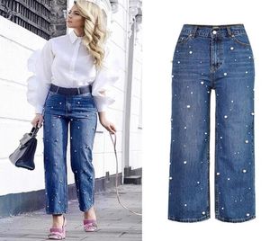 Women039s Jeans Women Tase Pearl Pearl Freading szeroka noga prosta dżinsowe spodnie Pantalon Femmewomen039S5345648