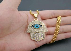 Turkish Evil Eye Hamsaファチマペンダントネックレスゴールドステンレススチールアイスアウトチェーンヒップホップ女性男性ジュエリー183K5394569