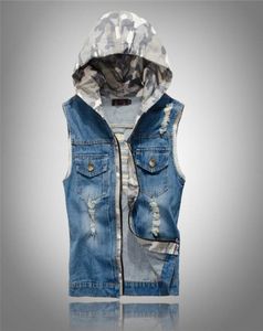 Mens Denim Vest Hooded Jackets Sleeveless Holes Ripped Waistcoat Zipper Spring Coats Summer Autumn 2018 New Fahsion7098024