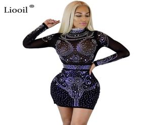 Liooil Women Crystal Dress Crystal Maniche lunghe Bodycon See attraverso abiti mesh Vino nero rosso Agricia Diamonds Sexy Club Party Drees5492288