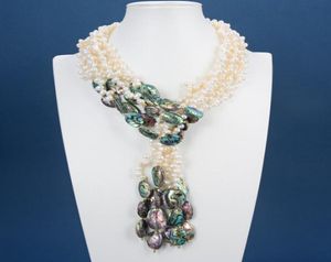 GuaiGuai Jewelry 3 Strands Natural White Pearl Green Abalone Shell Necklace Handmade For Women9922088