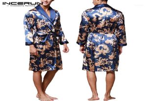 Incerun Fashion Satin Silk Silk Pajamas Mens Robe Long Aokrobe Lucky Cinese Dragon Stampa Aokrobe Sleepwear Lounge118396841