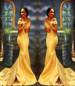 Elegant Yellow African Mermaid Prom Dresses Long 2023 Formal Off the Shoulder Luxury Beading Crystal Satin Arabic Trumpet Evening 1594476