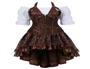 Bustiery gorsets steampunk gorset burlesque spódnica z białą renesansową bluzką gotycką faux skórzaną uprawą Top Pirate Wench Costum8974377