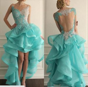 Saudi Arab Middle East Hilo Evening Dresses Sheer Neck Lace Applique Illusion Backless Tiered Pleats Organza Red Carpet Celebrity1695790