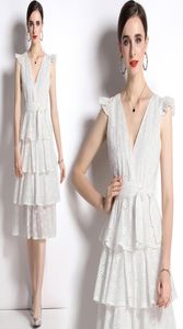 Seksowna bez rękawów biała kamizelka sukienka Summer Designer Designer Vneck Bow Lace Up Slim Ruffle Tort Sukienki 2022 Kobiety ubrania HOLID8323395