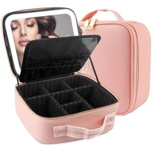 Travel Makeup Case with Large Lighted Mirror Partitionable Cosmetic Bag Professional OrganizerWaterproof PortablePink 240517